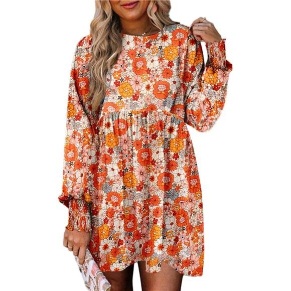 Fall 2024 Women's Casual Floral Dress - Long‎ Sleeve Crew Neck Flowy Mini Shift - Picture 1 of 6